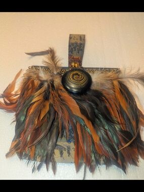 Feather-Trim Evening Clutch in Rust & Black